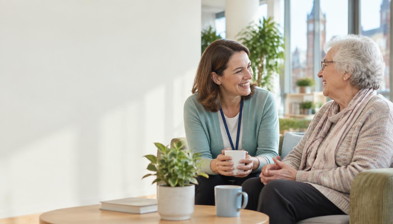 A warm conversation between two women in a welcoming community space